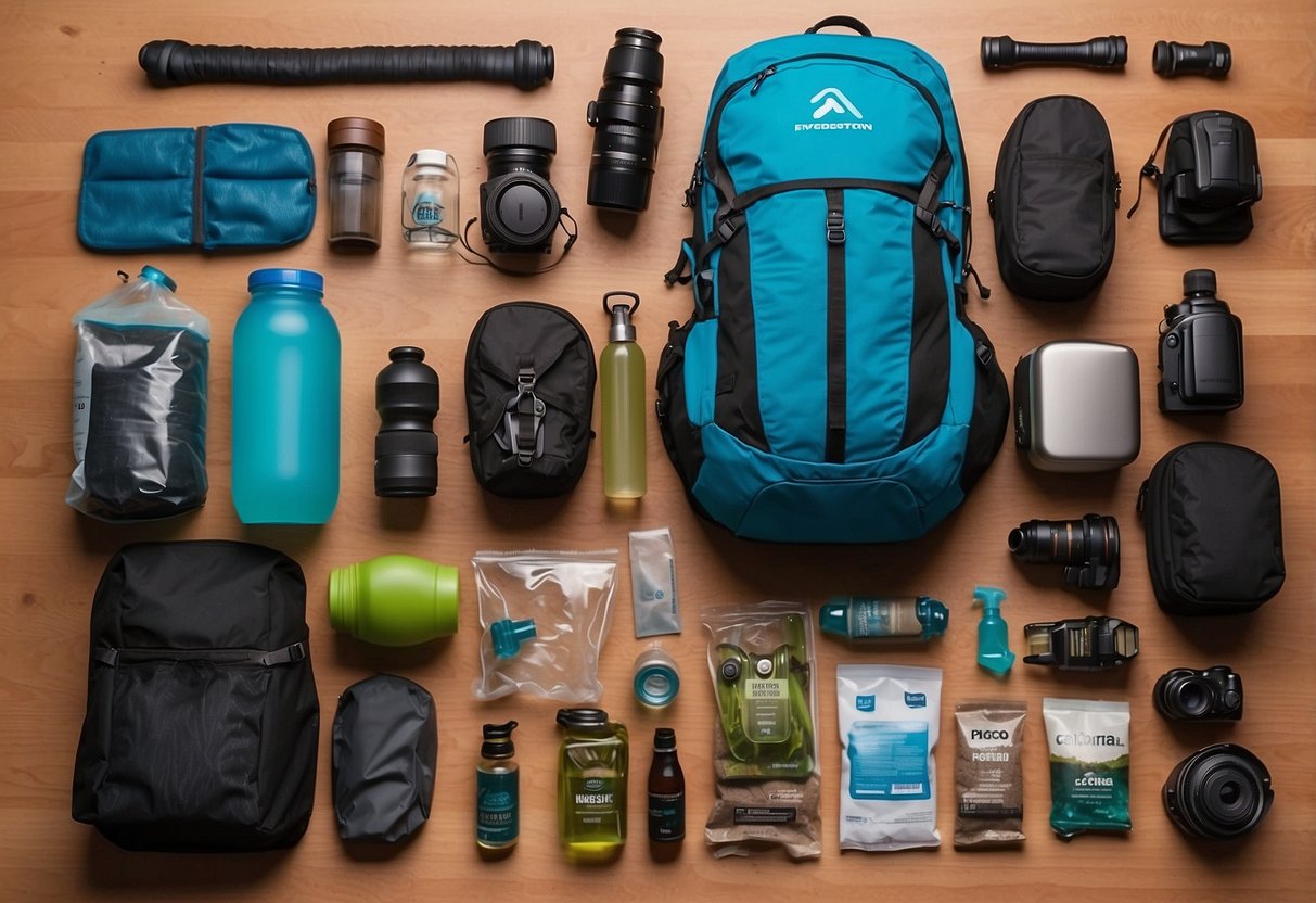 A hydration pack is laid out on a table, surrounded by neatly organized biking gear. The pack is filled with water and snacks, ready for a biking trip