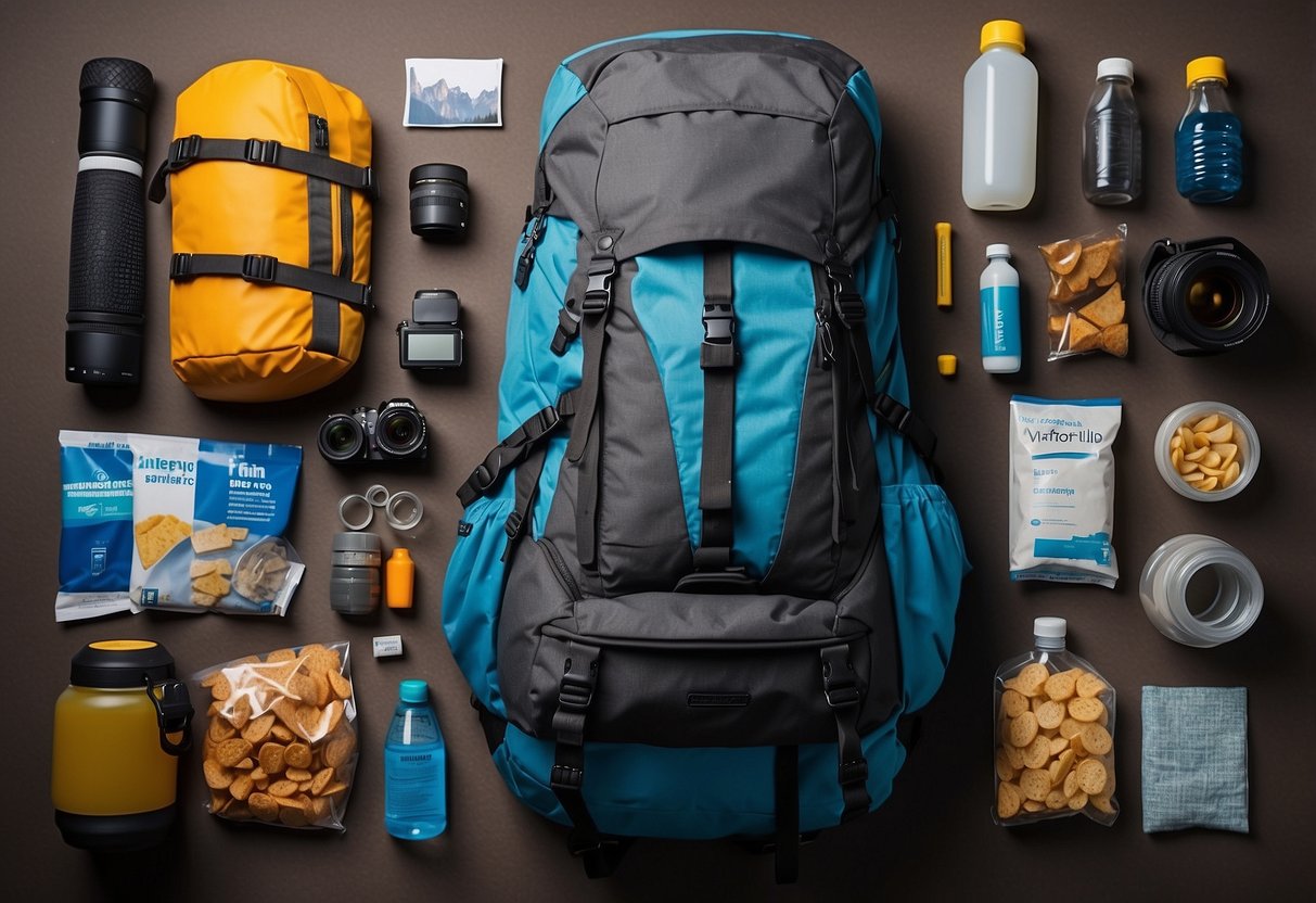 A bicycle loaded with compact clothing, water bottle, helmet, repair kit, map, and snacks. Backpack with extra layers and camera