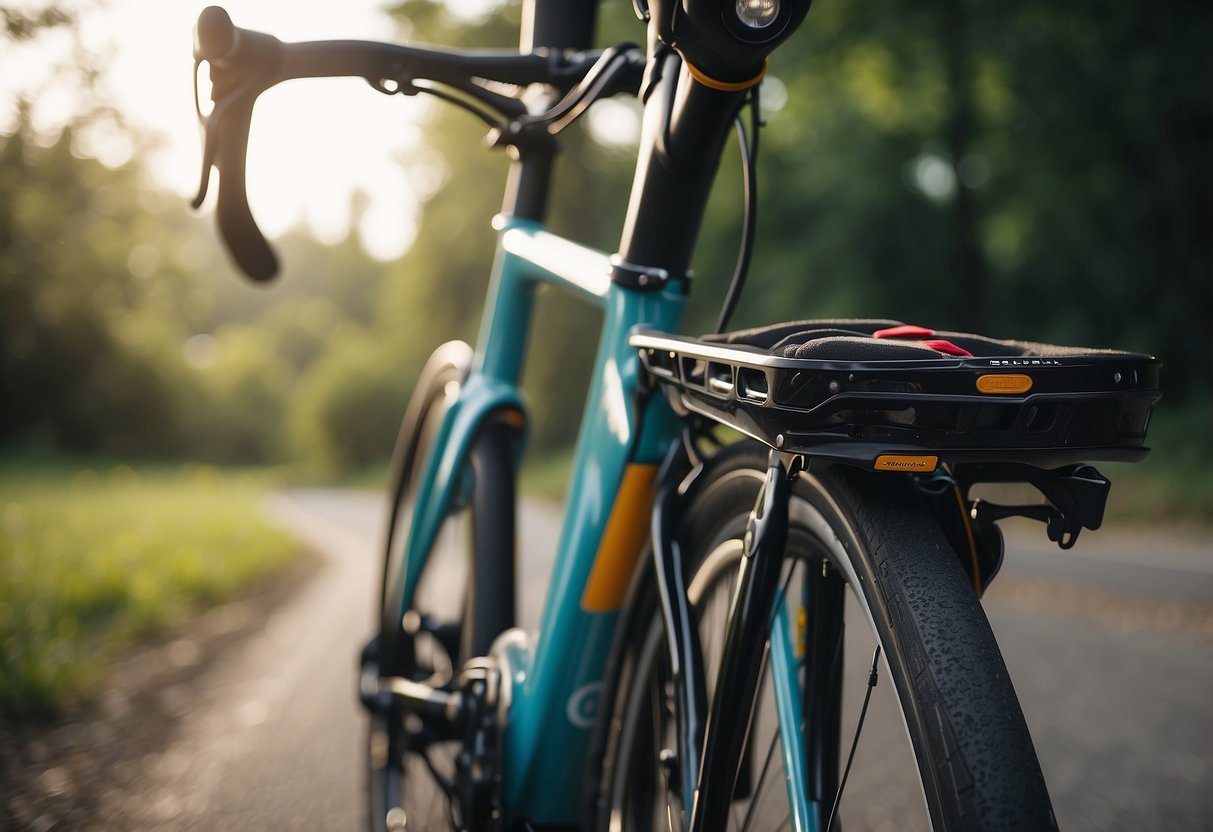 A bike with lightweight apparel hanging from handlebars, including a helmet, jersey, shorts, socks, and shoes