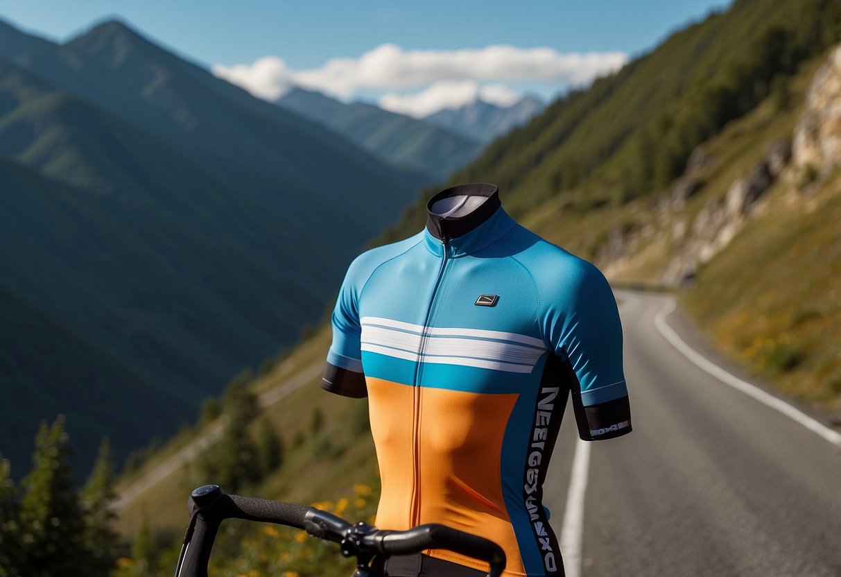 A vibrant cycling jersey hangs on a hanger, with a backdrop of a scenic mountain road and a bright blue sky