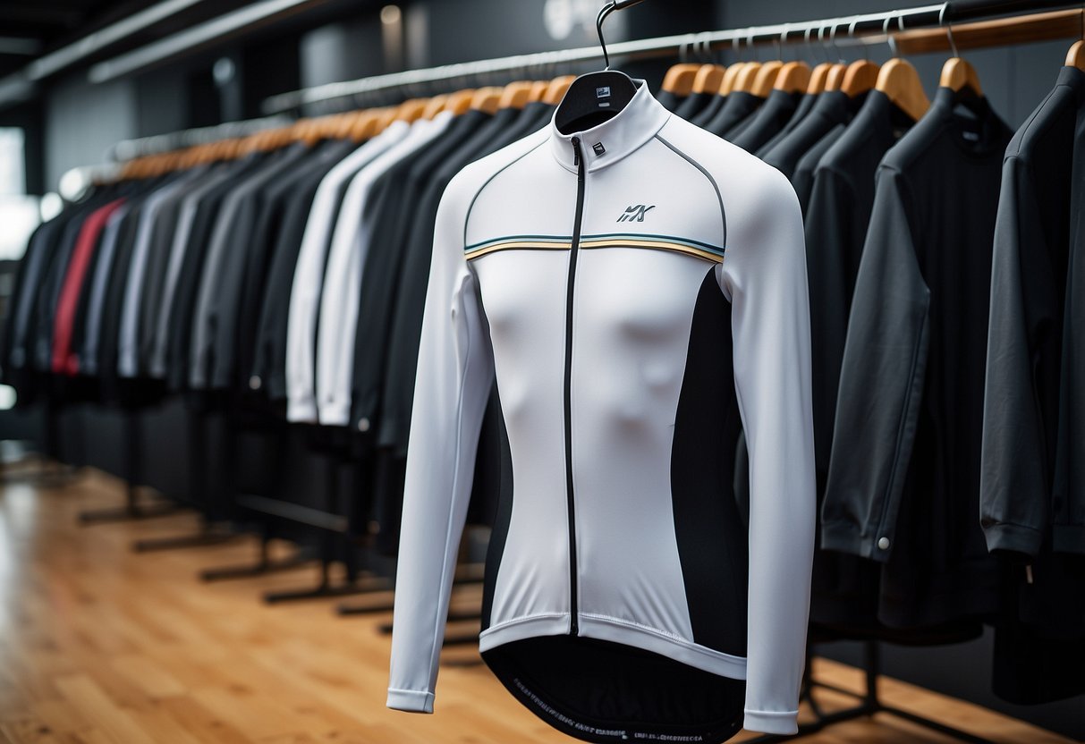 A sleek, modern cyclist outfit hangs on a hanger, featuring lightweight, breathable materials and bold, sporty design elements