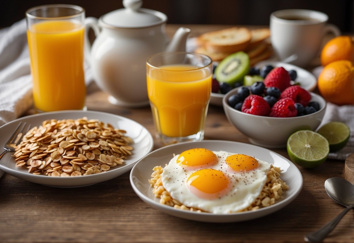 A table set with a variety of breakfast foods, including oatmeal, fruit, yogurt, and eggs. A glass of orange juice and a cup of coffee sit beside the plate