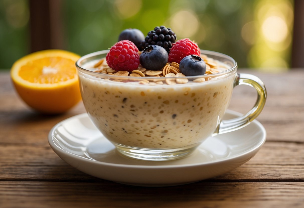 A bowl of oatmeal topped with fresh berries and drizzled with honey sits on a wooden table, surrounded by a glass of orange juice and a bike helmet