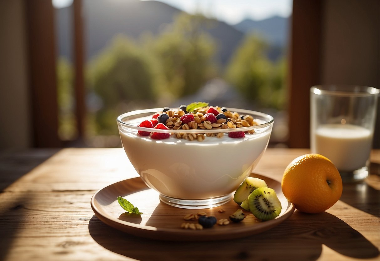 A bowl of Greek yogurt topped with granola and seeds sits on a wooden table, surrounded by fresh fruit and a glass of water. The morning sunlight streams in through a nearby window, casting a warm glow over the scene