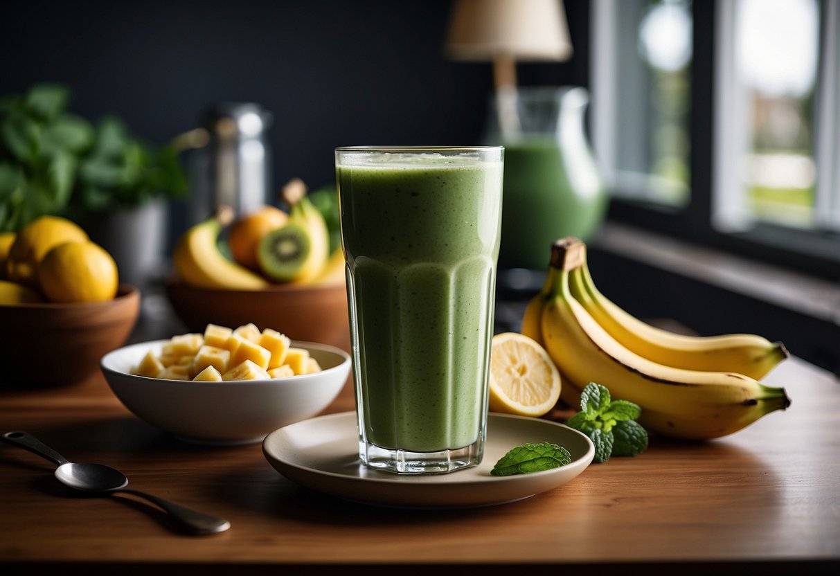 A glass filled with a green smoothie, topped with slices of banana and a scoop of protein powder, sitting on a table next to a plate of breakfast items