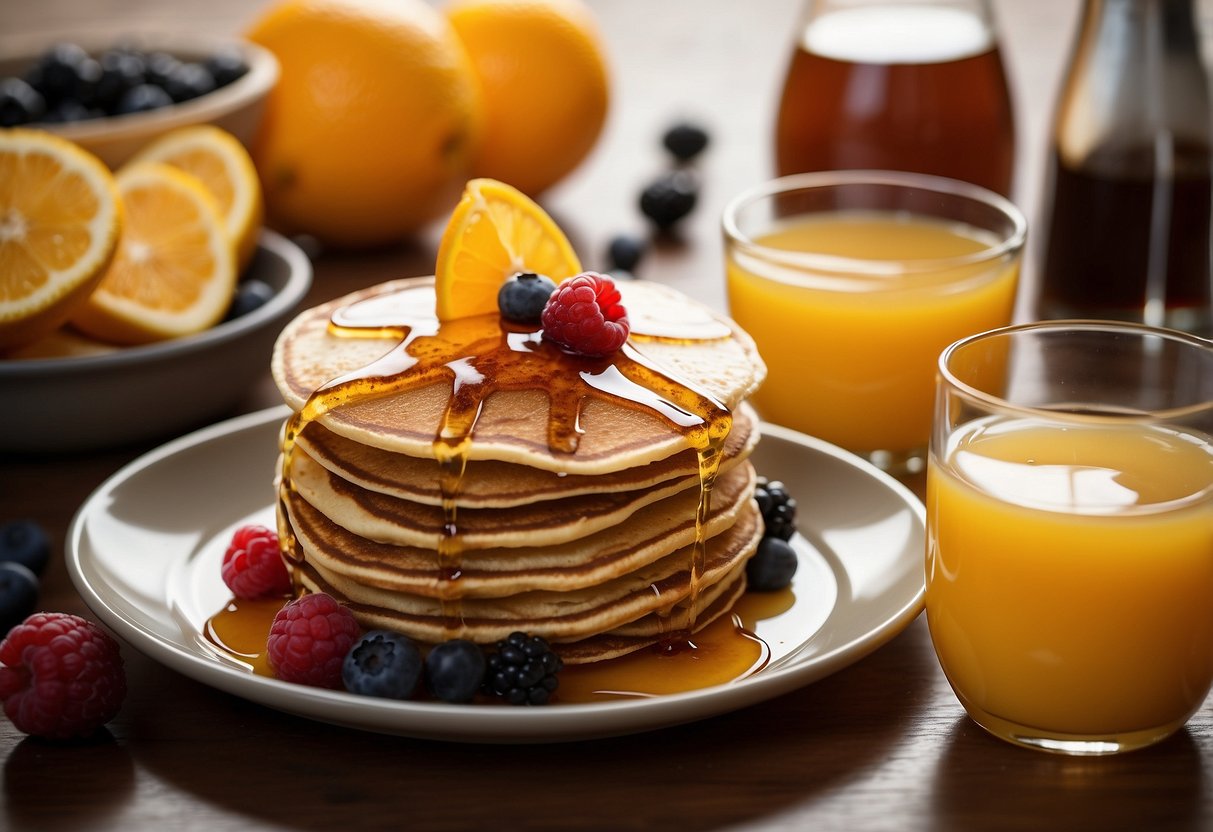 A stack of whole grain pancakes drizzled with maple syrup on a plate, surrounded by fresh berries and a glass of orange juice