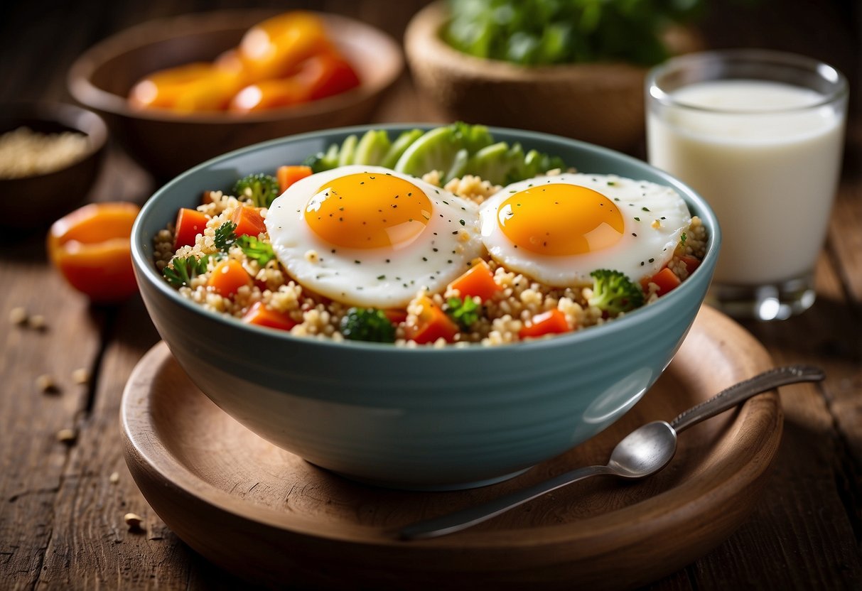 A colorful bowl filled with quinoa, assorted veggies, and a sunny-side-up egg. A spoon rests on the side. The scene is set on a rustic wooden table with a napkin and a glass of water nearby