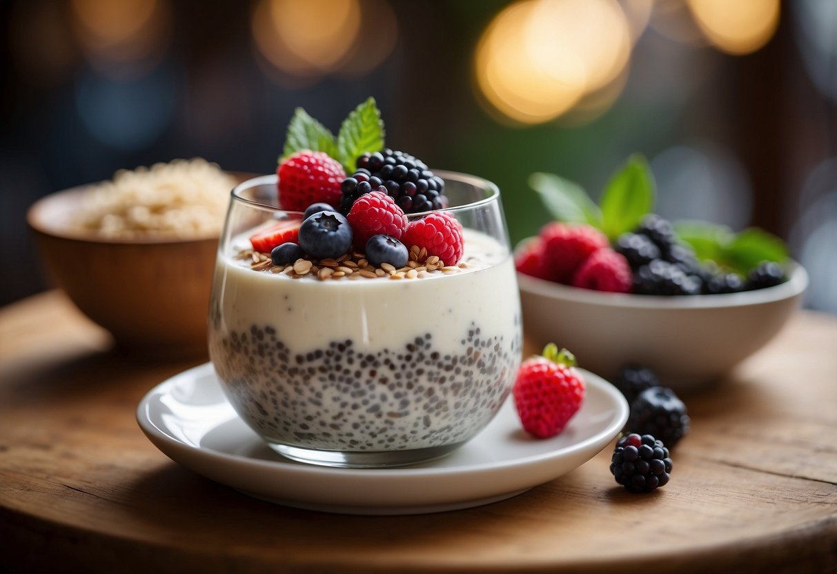 A bowl of chia pudding topped with coconut milk and fresh berries sits on a wooden table, surrounded by ingredients and a bicycle in the background