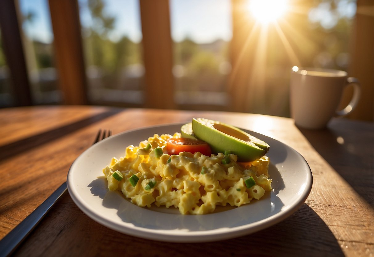 A plate of scrambled eggs with sliced avocado and a dollop of salsa sits on a wooden table, with a vibrant morning light streaming in through a nearby window