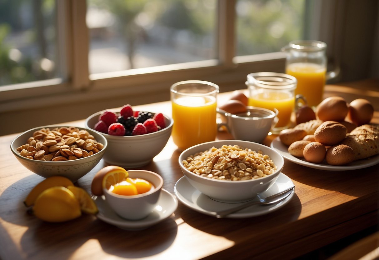 A table set with a variety of breakfast options, including oats, fruits, and eggs. The morning light streams in through a window, casting a warm glow over the spread