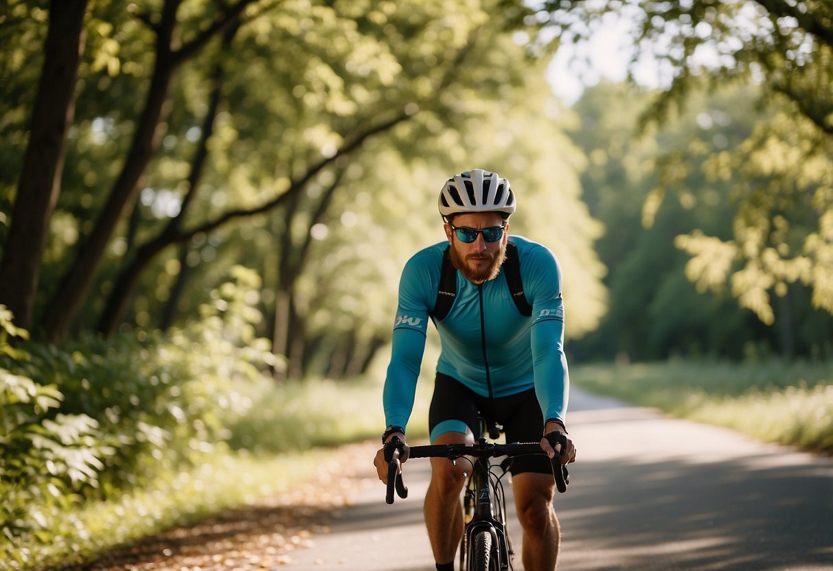 A cyclist with a water bottle attached to their bike, riding through a sunny, tree-lined path. The cyclist takes a quick sip while pedaling