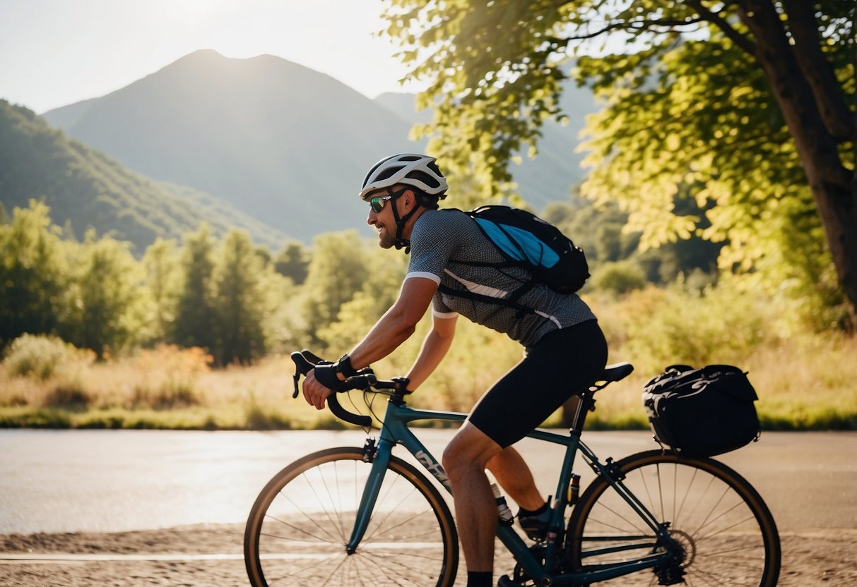 A cyclist with a water bottle attached to their bike, sipping water while riding through a scenic landscape. The sun is shining, and the cyclist looks refreshed and energized