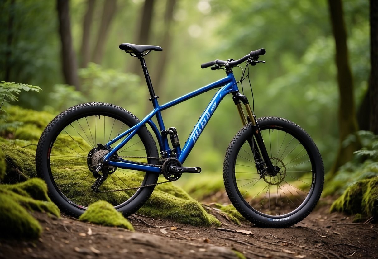 A mountain bike rests on a rocky trail, surrounded by lush green trees. A pair of durable, well-padded bike gloves lie nearby, ready for action