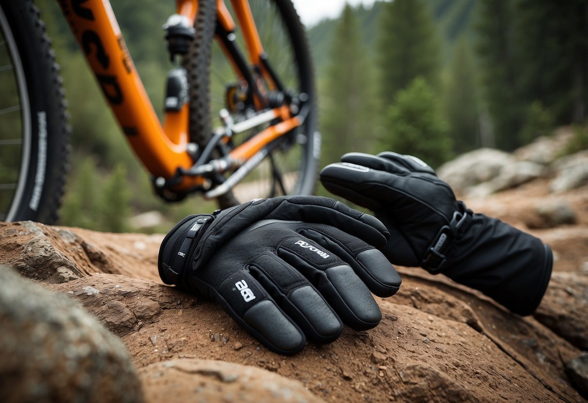 A pair of POC Resistance Enduro Adjustable Gloves laying on a rocky trail, surrounded by mountain biking gear and a mountain bike