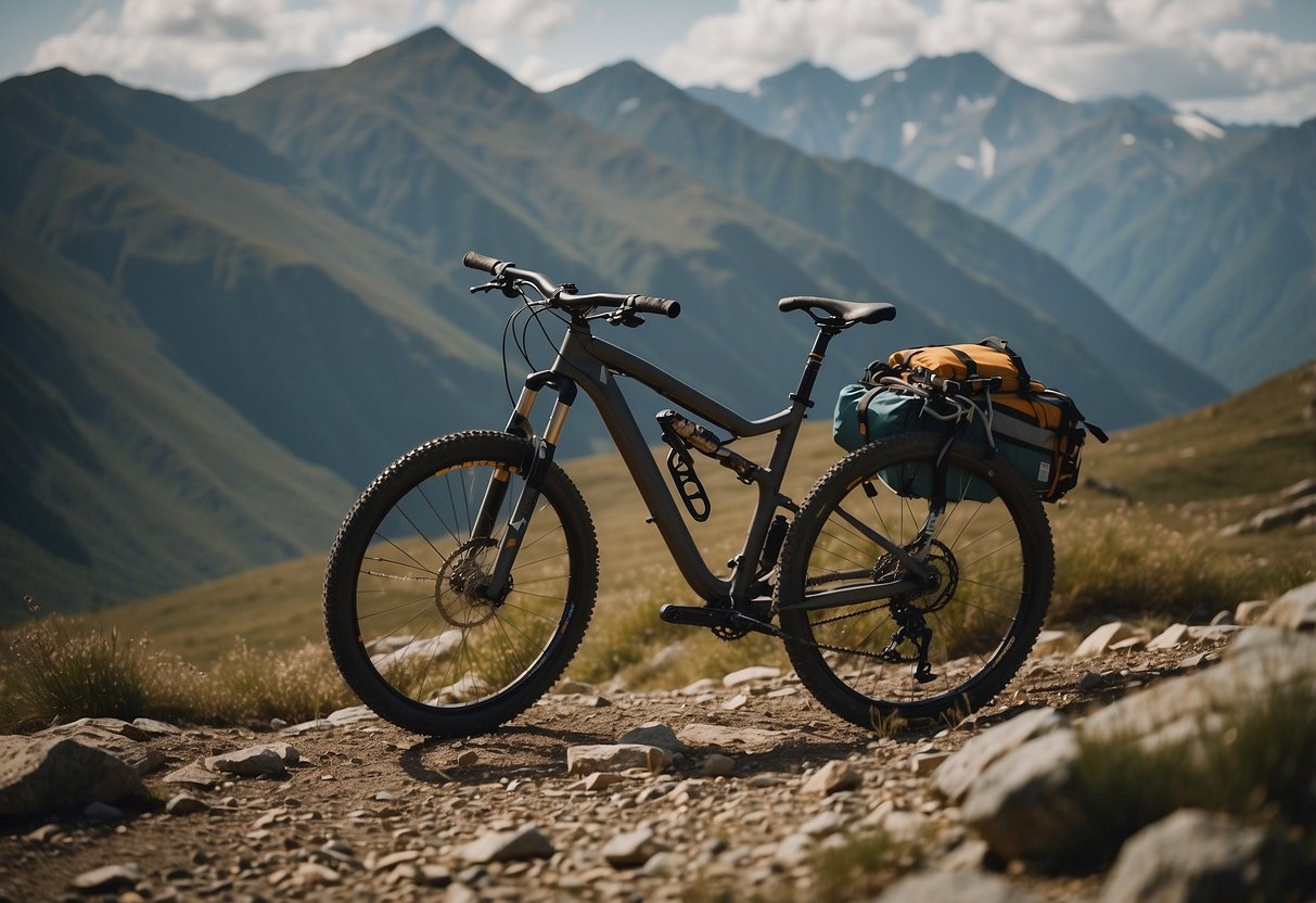 A mountain bike with a first aid kit strapped to the frame, surrounded by rugged terrain and towering peaks