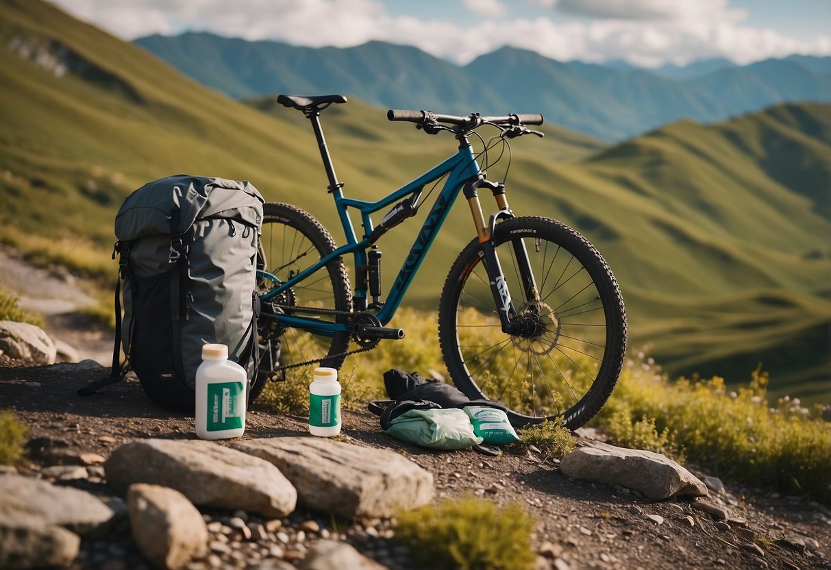 A mountain bike lies on a trail, surrounded by rugged terrain. ALOKSAK waterproof bags hold first aid essentials, including bandages and antiseptic wipes