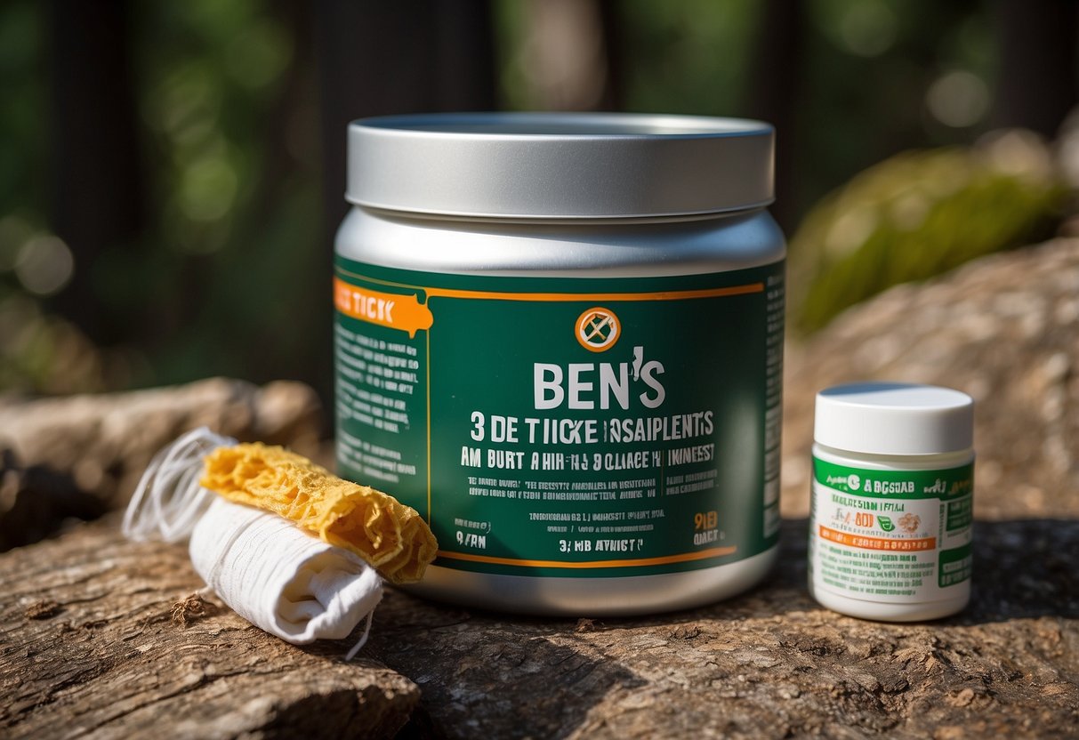 A can of Ben's 30% DEET Tick & Insect Repellent surrounded by 10 essential first aid items for mountain biking, such as bandages, antiseptic wipes, and a compact first aid kit