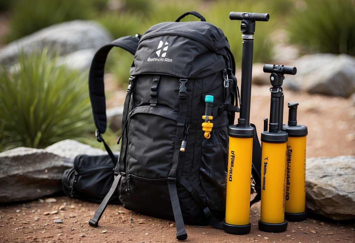 Two Black Diamond Trail Shock Trekking Poles arranged next to a backpack with 10 essential first aid items for mountain biking spilling out onto the ground