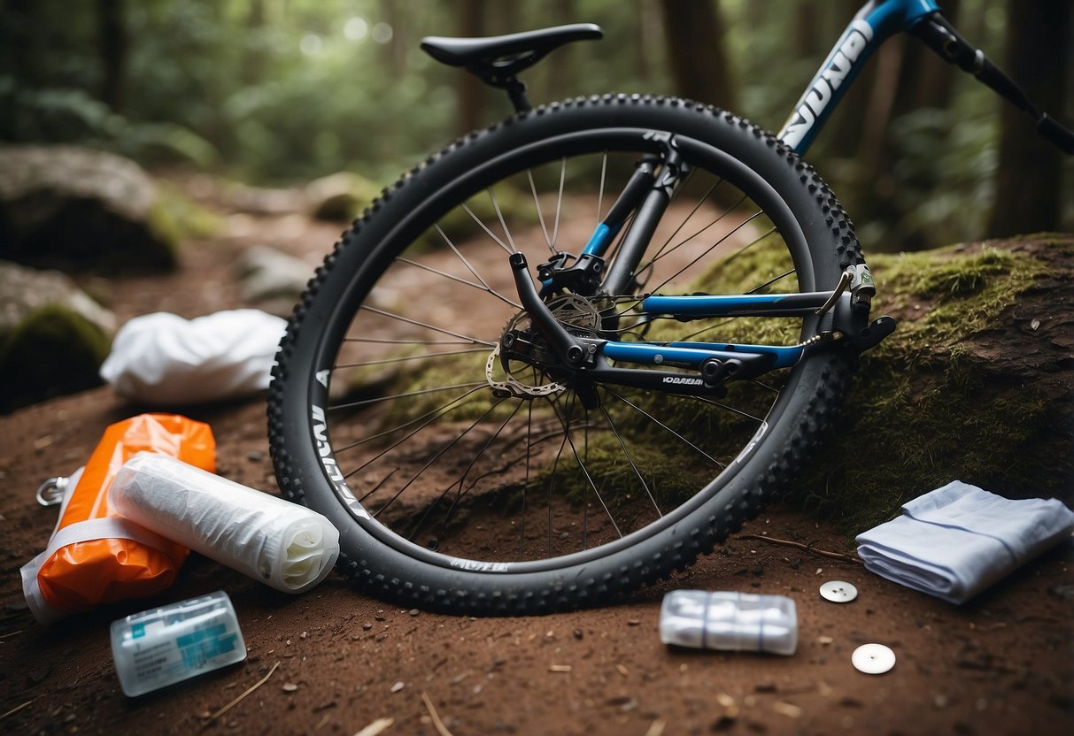 A mountain bike lies on a rocky trail, surrounded by scattered first aid items including a Coban Self-Adhering Bandage Wrap