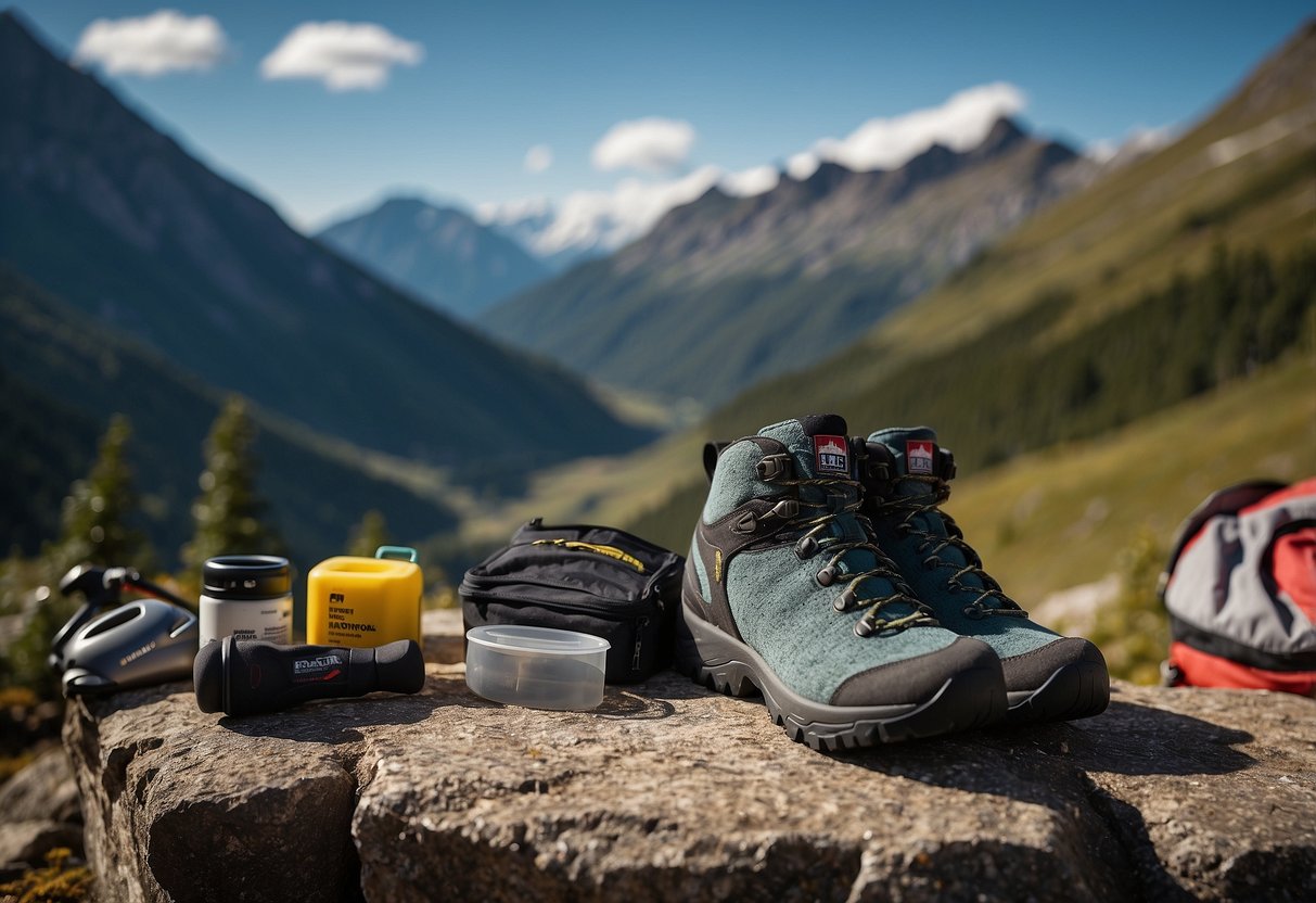 A pair of Darn Tough Merino Wool socks lies next to a first aid kit, surrounded by mountain biking gear