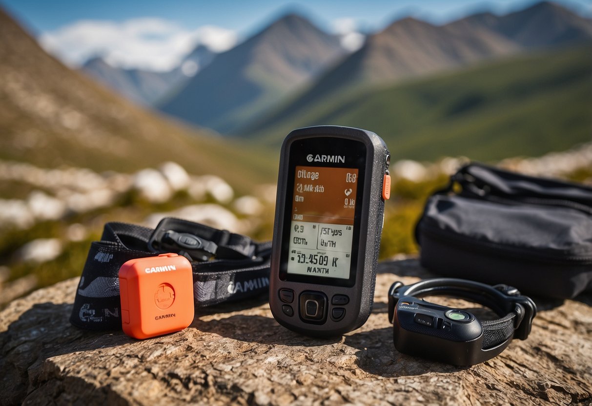 A Garmin inReach Mini sits next to a mountain bike. Beside it are 10 essential first aid items. The scene is set against a backdrop of rugged mountain terrain