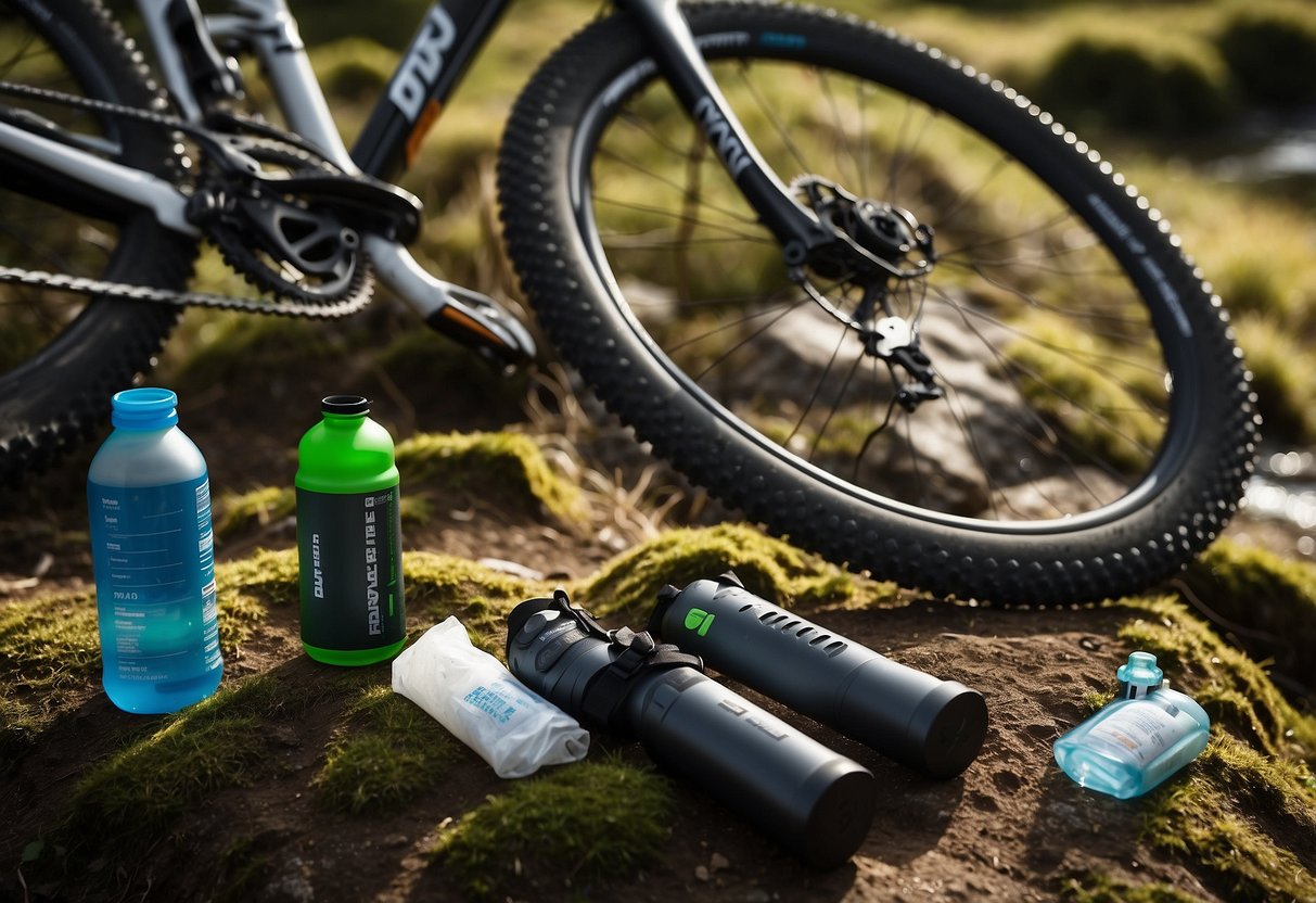 A mountain bike lies on the ground next to a water bottle with the Katadyn BeFree Water Filtration System attached. Nearby are 10 essential first aid items neatly arranged on a flat surface