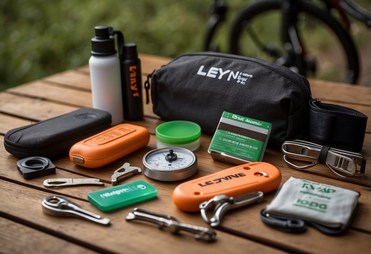 A Lezyne RAP-15 multi-tool lies next to 10 essential first aid items for mountain biking. The tools and supplies are neatly arranged on a flat surface, ready for use