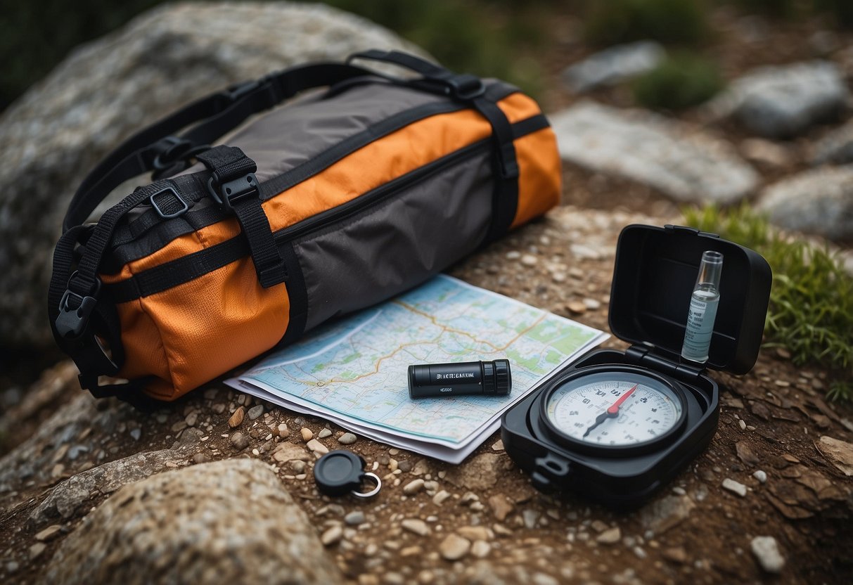 A mountain bike lies on a rocky trail, with first aid kit, water bottle, and emergency whistle nearby. A map and compass are also visible, emphasizing preparedness for any situation