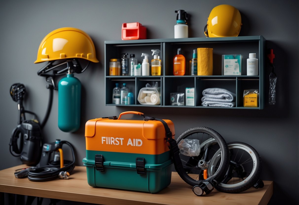 First aid kit hung on a wall hook, bike pump and tire patch kit on a shelf, helmet and gloves neatly stored in a bin, all items labeled and organized for easy access