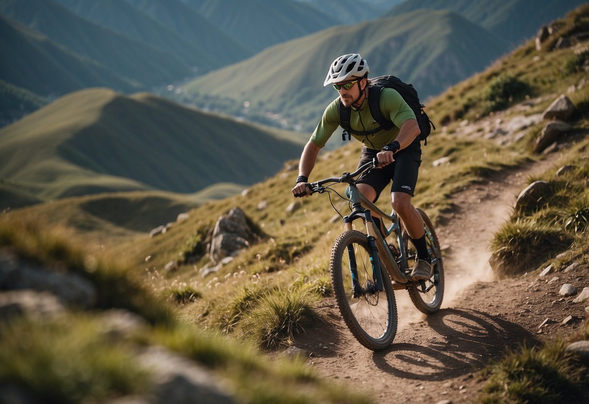 A mountain bike follows a winding trail, navigating rocky terrain and steep inclines. The rider maintains balance and control, using proper technique and body positioning