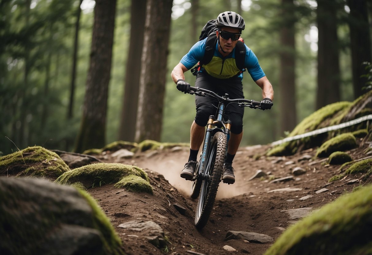 A mountain bike is equipped with a helmet, gloves, and knee and elbow pads. The rider navigates a rocky trail with caution and skill, following the 7 tips for safe riding