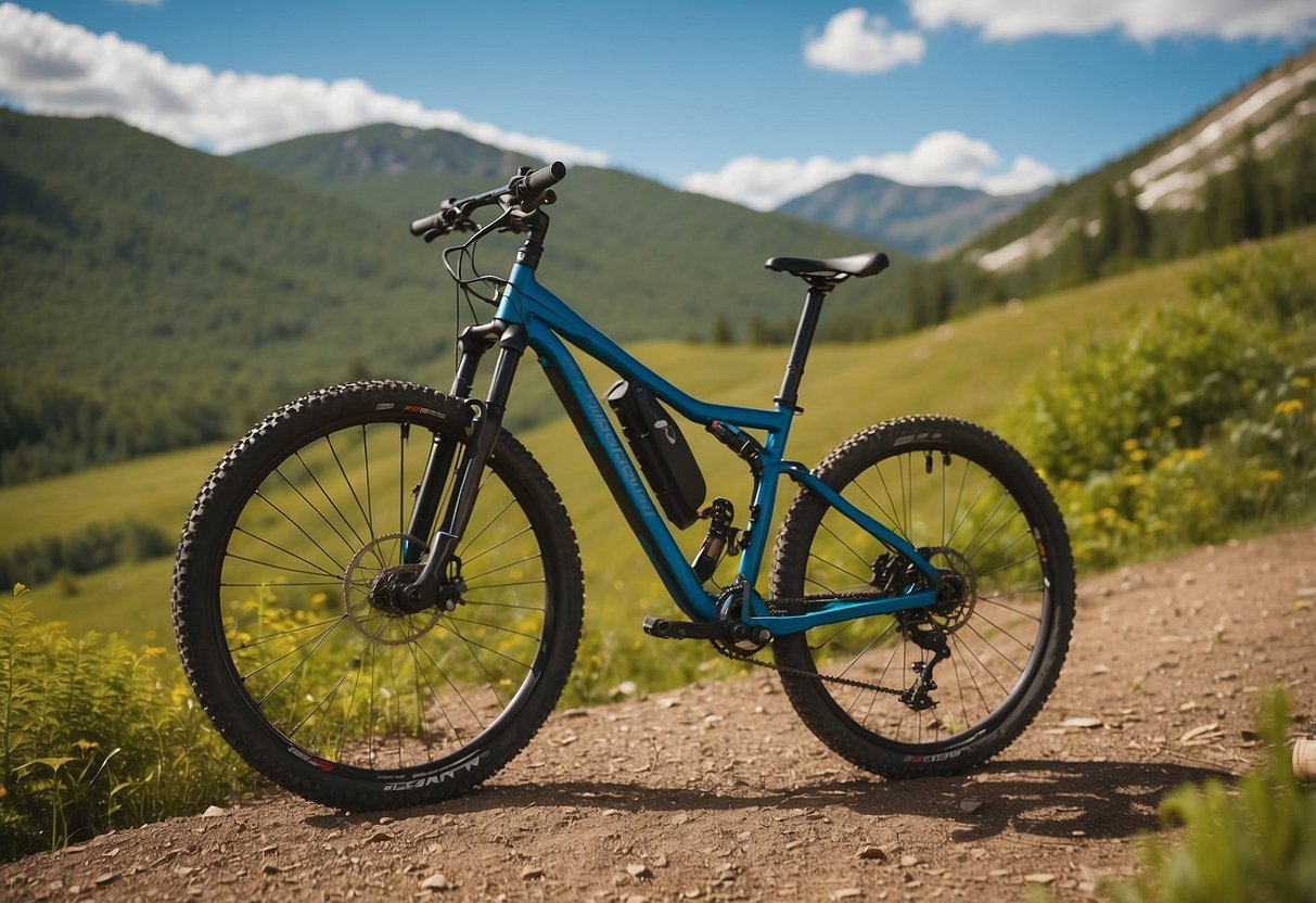 A mountain bike parked on a trail, surrounded by lush green trees and a clear blue sky. A map and compass lay on the ground, next to a weather app on a smartphone