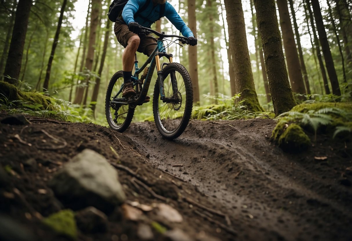 A mountain bike navigates through a variety of trail types, including rocky, muddy, and narrow paths. The bike maneuvers over obstacles and through tight turns, demonstrating the challenges of trail navigation