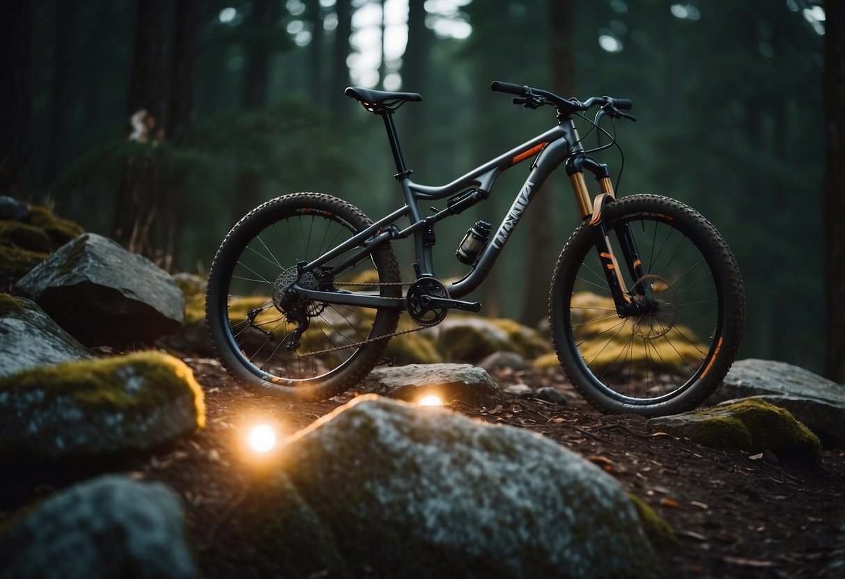 A mountain bike is parked on a rocky trail at dusk, with five different types of bike lights arranged around it, casting bright beams of light onto the ground