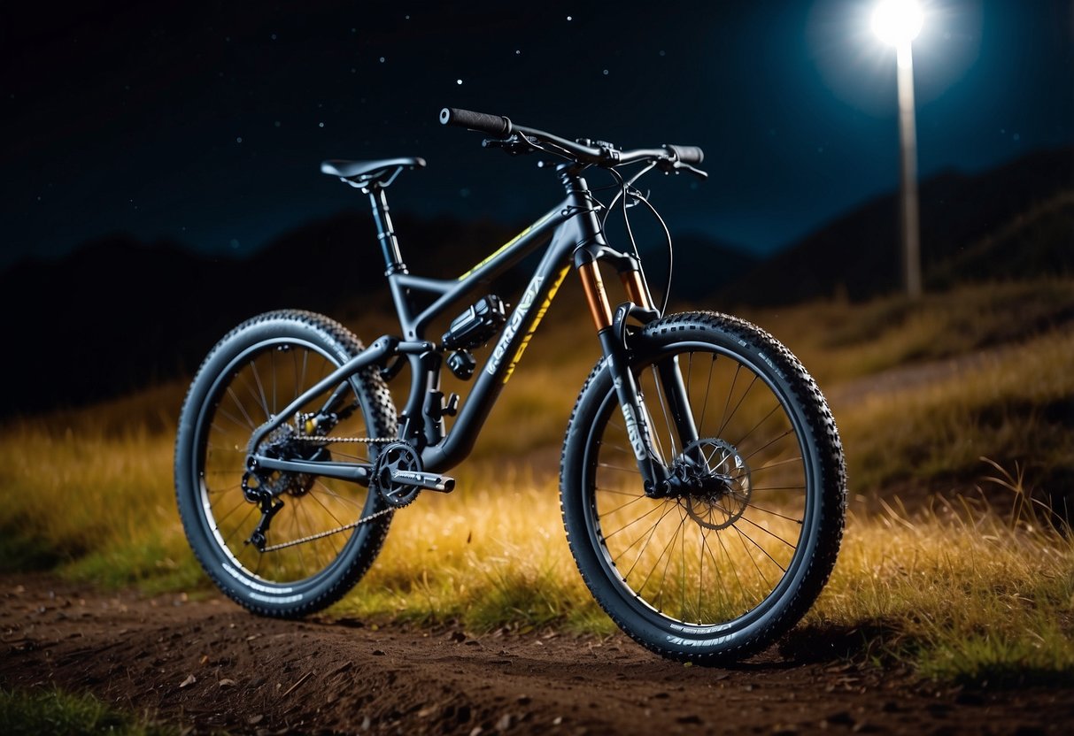 A mountain bike with the Exposure MaXx-D Mk13 bike light attached, illuminating a rugged trail at night