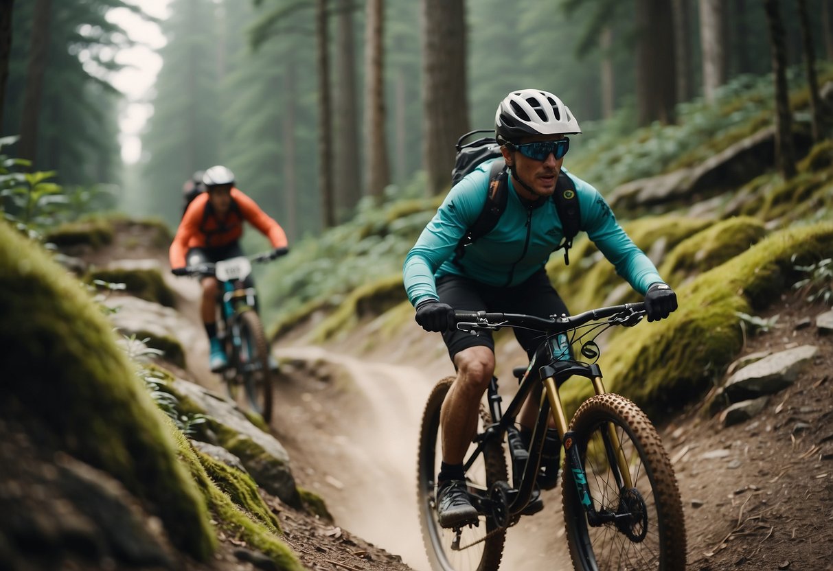 Mountain bikes navigate rocky trails, jump over obstacles, and maneuver tight turns on steep slopes. A rider tackles a challenging downhill descent while navigating through a series of hairpin turns