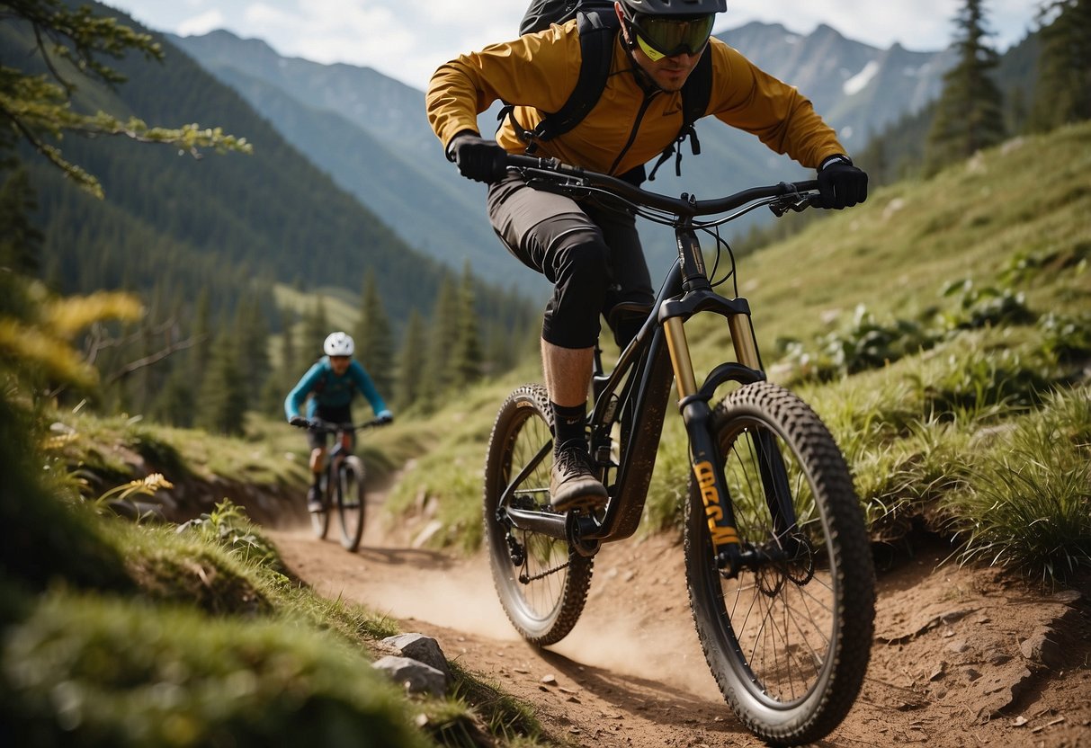 Mountain bikes conquer rocky terrain, jump off ramps, and navigate through dense forests. Trails wind through steep hills and narrow paths, offering thrilling challenges for riders