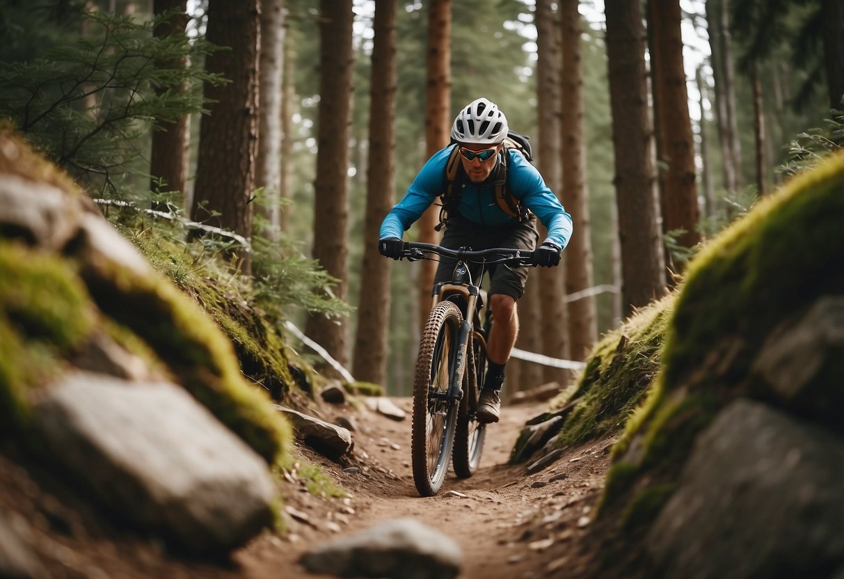 Mountain bikes navigate over rocky terrain, through narrow trails, and over wooden obstacles in a challenging and fun outdoor setting