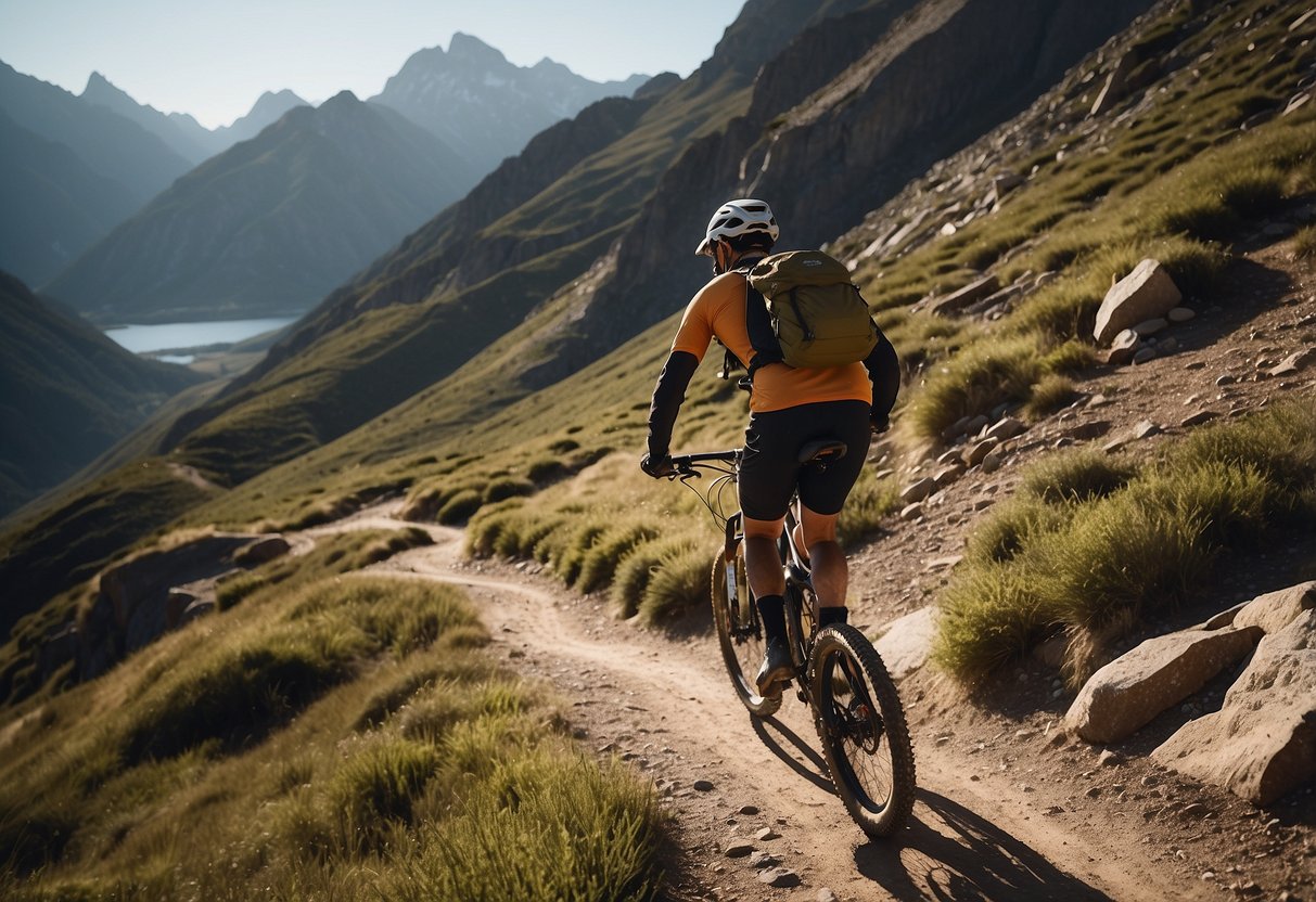 A mountain biker navigates a steep, rocky trail with a backdrop of towering peaks and a winding river below. The sun casts long shadows, highlighting the rugged terrain and adding an element of challenge to the scene