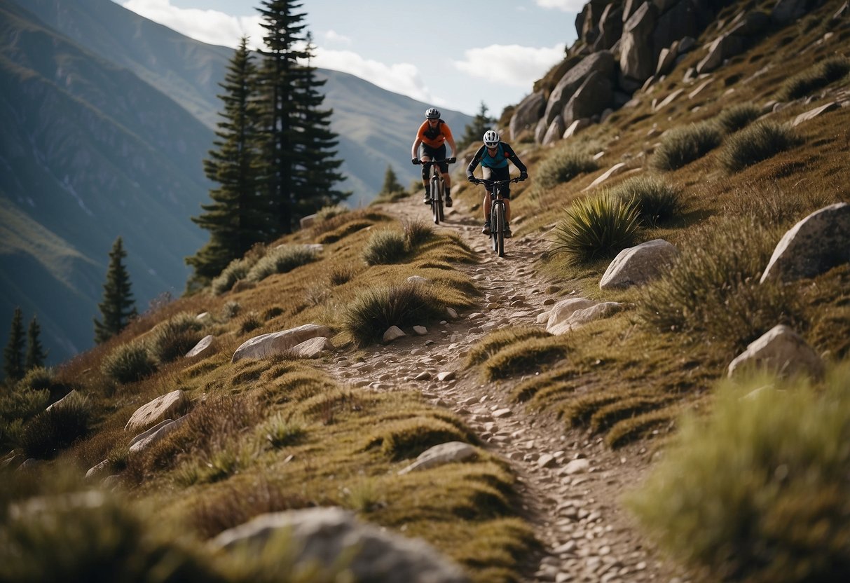 A rugged mountain trail winds through a rocky garden, with steep drops and sharp turns. The trail is lined with boulders and obstacles, creating a challenging and exhilarating course for mountain bikers