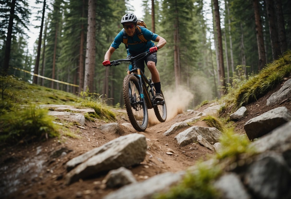 Mountain bikes navigate steep trails, rocky terrain, and tight turns. Riders tackle jumps, drops, and obstacles, showcasing skill and bravery