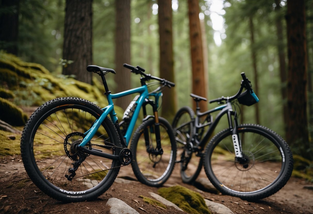 Mountain bikes lined up on a rugged trail, surrounded by towering trees and rocky terrain. Each bike is equipped with specialized gear for tackling challenging obstacles and steep inclines