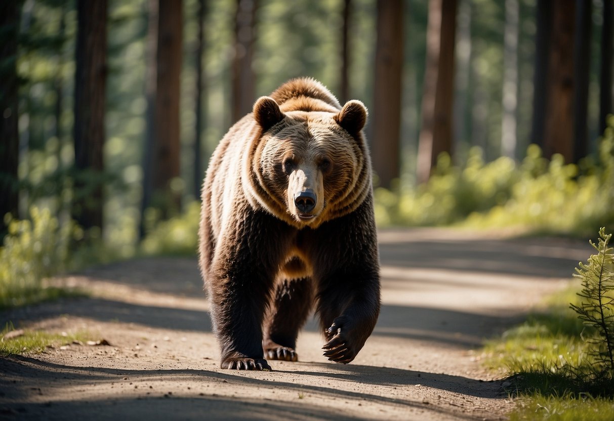 A bear crossing a biking trail, surrounded by dense forest and a clear blue sky above. The bear is shown in a non-threatening manner, with a calm and natural demeanor