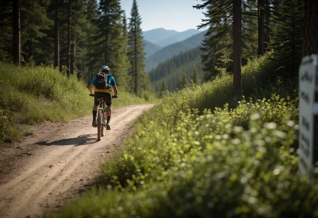 A mountain biker follows a marked trail through a dense forest, with a sign reading "Stay on Designated Trails 7 Tips for Biking in Bear Country" in the background