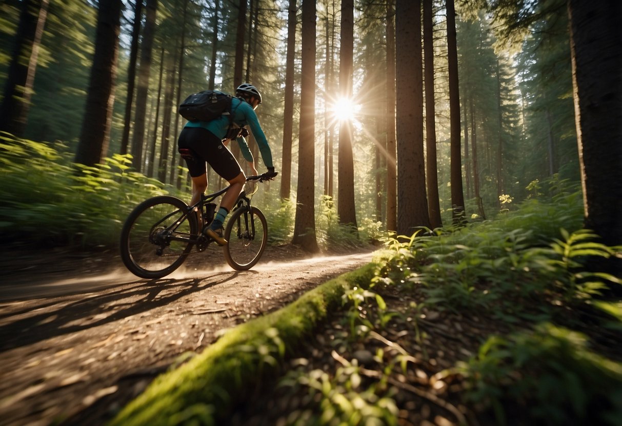 A cyclist rides through a dense forest, with a canister of bear spray attached to their bike. The sun filters through the trees, casting dappled light on the trail