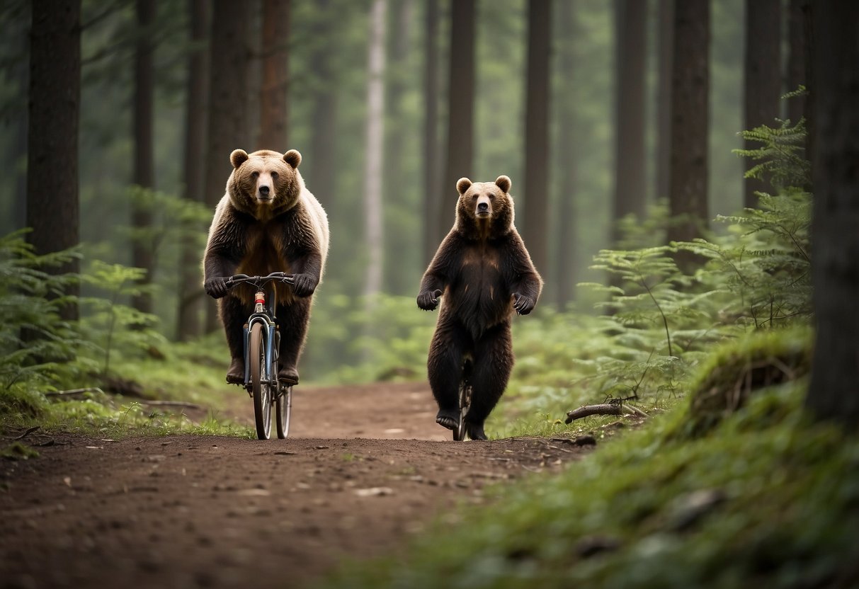 Biking through a forest, a bear stands on its hind legs, ears perked, as the cyclist rings a bell and shouts to alert the animal of their presence