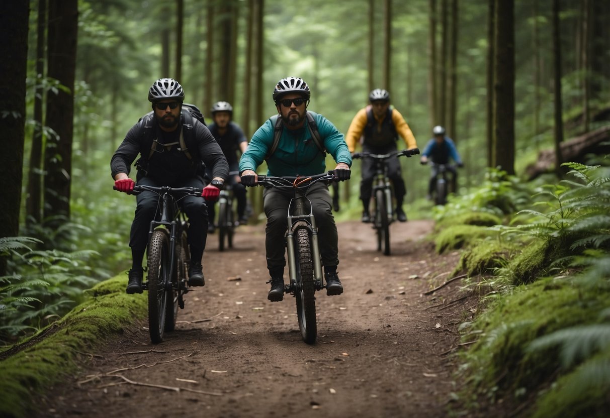 A group of bikers ride through a lush forest, following a winding trail. They carry bear bells and talk loudly to alert bears of their presence. A bear-proof food container hangs from one bike