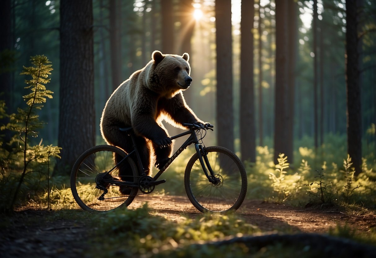 A bear roams through a forest at dusk, as a bicycle lies abandoned on the trail. The fading light casts a shadow over the scene, warning against biking at this dangerous time