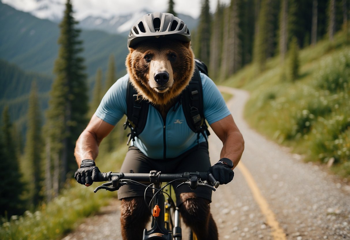 A bear country biking scene: A cyclist wearing a helmet and bear bell rides on a trail, with bear spray easily accessible on their belt. They keep a lookout for bear signs and maintain a safe distance from any wildlife encountered