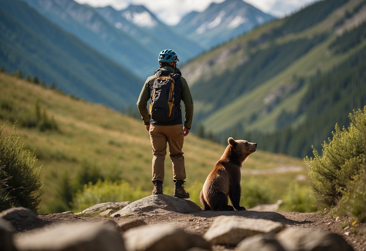 A bear standing on its hind legs sniffs a trail marker while a mountain biker cautiously observes from a safe distance